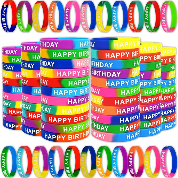 Neureyte 176 Pieces Birthday Rubber Bracelets(22 Styles),Colored Birthday Wristbands for Birthday Party Favors,Stretch Birthday Rubber Wristbands for Birthday Party Supplies