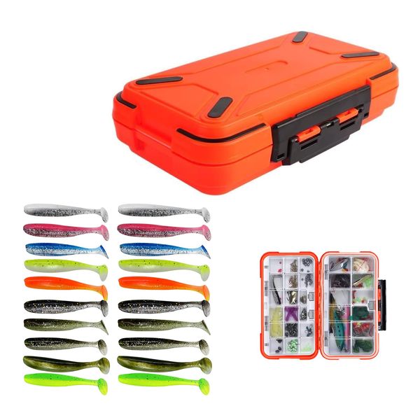 Tacklebox,RoadLoo Kunststoff Tackle Box Fishingtackle Wasserdicht Haken Köderbehälter 30 Faecher wasserdichte Angel Box und 20 Stück Gummifische Gummiköder Softbait für Kunstköder Köderbox (orange)