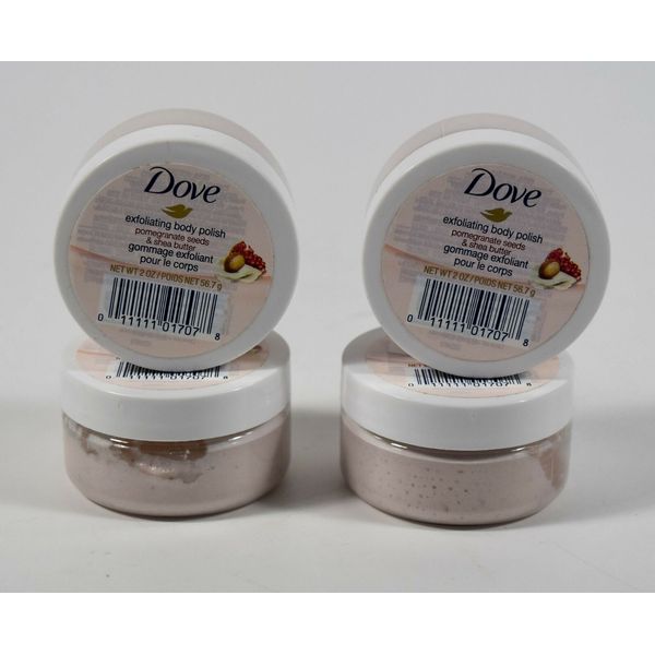 4 Dove Exfoliating BODY POLISH 2oz jars Pomegranate Seeds & Shea Butter ~travel