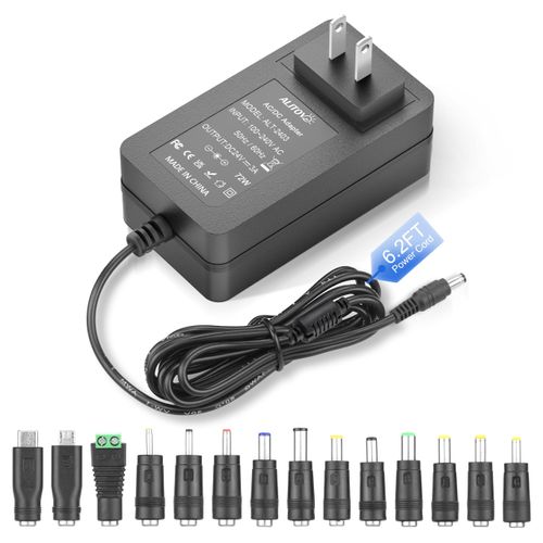 ALITOVE 24V Power Supply 3A 72W 24 Volt Transformer AC/DC Adapter 100-240V 50-60Hz to DC24V 3 Amp 2A 1A Converter 6.2FT DC Power Cord with 14 Tips for LED Strip Light CCTV Camera System Pump Router