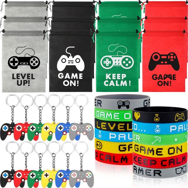 Yaomiao 36 Pcs Video Game Party Favors Set Include Gamer Party Favor Bags with Drawstring Silicone Bracelets Wristbands Game Controller Keychains for Gaming Birthday Party (Cute Style)