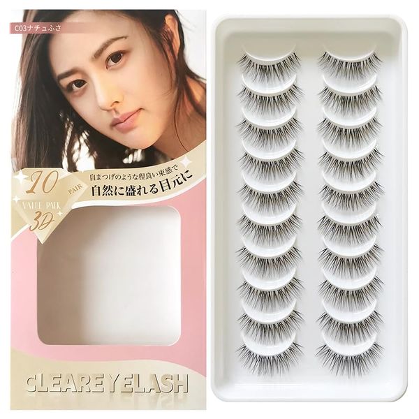 CLEAREYELASH False Eyelashes, Natural, Transparent Shaft, 3D Shape, Matsuek Construction, 10 Pairs, C03 Nature Fuss