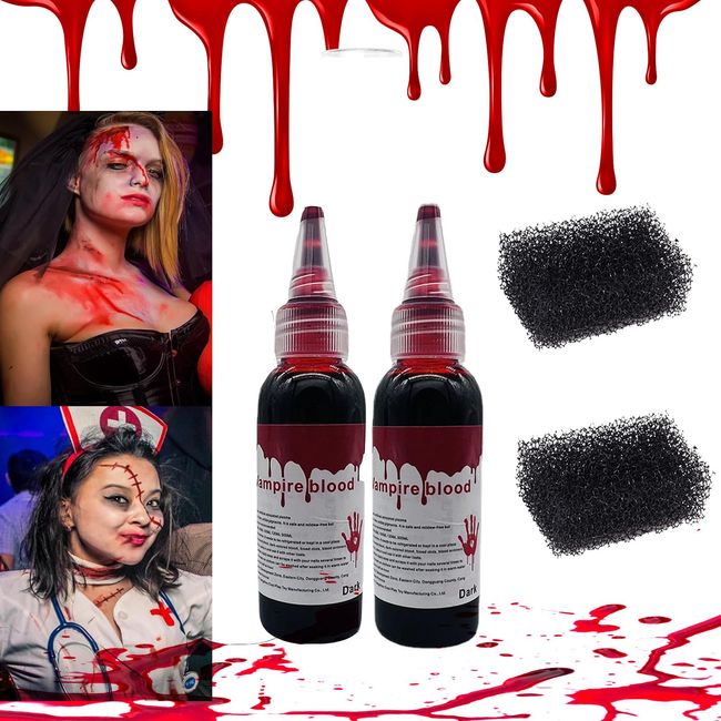 Pemarlis 4pc Halloween Kunstblut Set, 60ml abgestandenes Blut+60ml frisches Blut Mit 2 Schwämmen,Halloween Zombie Vampir Wundschorf Schminke zum Wunden & Narben für Zombies/Vampire/Monster