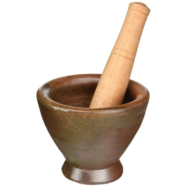 DDPremium Mortar Baked Thai & Laos Kruk Grinding Earthenware Mortar & Hardwood Pestle Papaya Salad Clay, 7 '' Inch, Brown