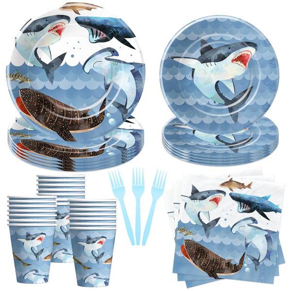 YJRJSC Shark Birthday Plates And Napkins Party Supplies - Shark Birthday Decorations, Paper Plate, Cup, Napkin, Disposable Fork, Ocean Under The Sea Shark Theme Birthday Party Tableware | Serve 24