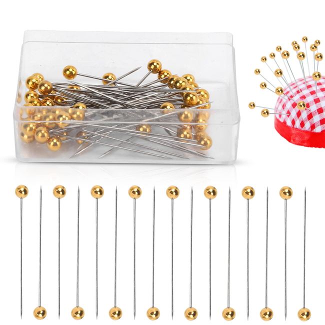 Sewing Pins, 100pcs Straight Pins Golden Pearlized Ball Head Pins Straight Pin for Fabric Straight Quilting Pin with Plastic Box for DIY Sewing Craft Dressmaker Jewelry Decoration