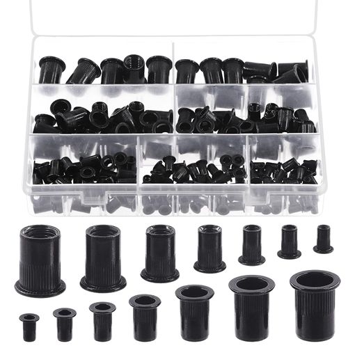 Keadic 180Pcs Carbon Steel Threaded Rivet Nuts Assortment Set M3 M4 M5 M6 M8 M10 M12 Rivnut, Zinc-Plated Black Knurled Flat Head Threaded Insert Nut for Furniture Mechanical Fasteners