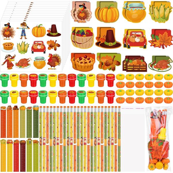 Cholemy 168 Pcs Thanksgiving Party Favors Fall Thanksgiving Stationery Set Supplies Bulk Thanksgiving Mini Notebook Pencils Erasers Rulers Stampers Stickers Gift Bags for Rewards Prizes