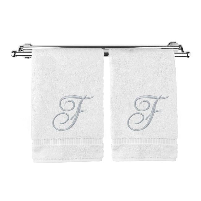 Monogrammed Washcloth Towel, Personalized Gift, 13x13 Inches - Set of 2 - Silver Script Embroidered Towel - Extra Absorbent 100% Turkish Cotton - Soft Terry Finish - Initial F White