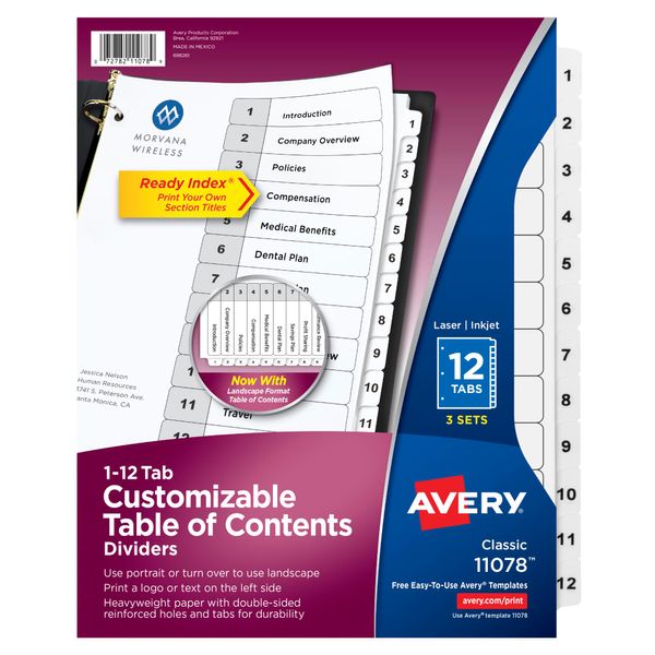 Avery 12 Tab Dividers for 3 Ring Binders, Customizable Table of Contents, Classic White Tabs, 3 Sets (11078)