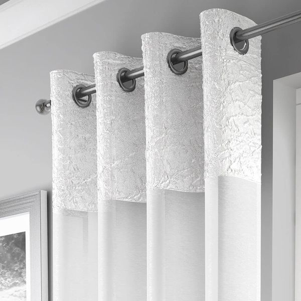 Maple Textiles A Pair of White Eyelet Heading Voile Crushed Metallic Satin Curtain Panel Ring Top Available in 3 sizes (2, White, 54"(137cm) Drop)