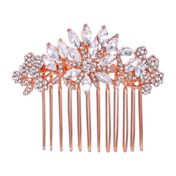 EVER FAITH Women's Austrian Crystal Wedding Flower Leaf Hair Side Comb Clear Rose Gold-Tone