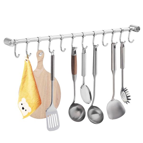 Youyijia Utensil Rack Stainless Steel Wall Mounted Utensil Hooks with 12 Removable Hooks Kitchen Utensils Holder Utensil Hanging Rack Rail 52Cm (15.6")