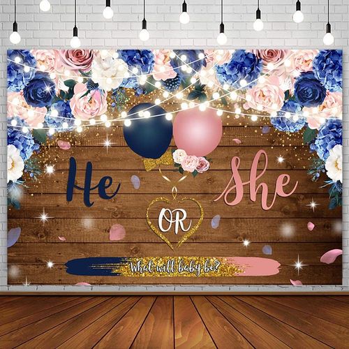 SENDY 7x5ft Navy and Blush Gender Reveal Backdrop He or She Navy Blue Blush Pink Floral Baby Gender Reveal Party Decorations Retro Wood Balloon Pregnancy Reveal Surprise Boy or Girl Background Banner