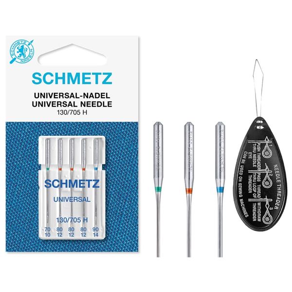 Universal (Regular/Standard) Sewing Machine Needles, Various Assorted Mixed Sizes 70/10 (1), 80/12 (3) & 90/14 (1), Includes Large Needle Threader