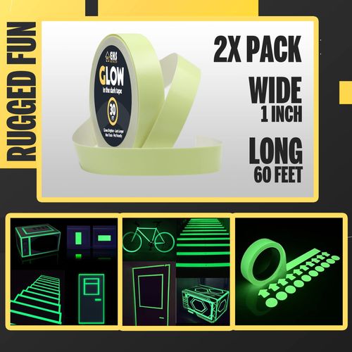 EHS RETAILER 1 Inch x 60 FT Glow in The Dark Tape – Pack of 2 Rolls – Bright Rechargeable Fluorescent Glow Tape – Luminous Tape for Outdoors & Indoors –Glow Tape– Tape for Home Decoration & Markings