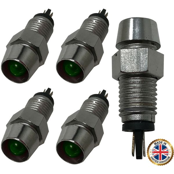 5 Pack of Universal 12V Green LED Lamp Dash Panel Pilot Indicator Light - Chrome