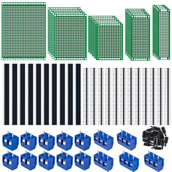 78Stk Lochrasterplatte Kit,21er Doppelseitig PCB Board leiterplatte Lochrasterplatine lochplatine,22Stk männlich weiblich 40 Pinne Kopfleiste,15Stk 2P&3P Screw Terminal mit 20 Tabletten Nylonsäule