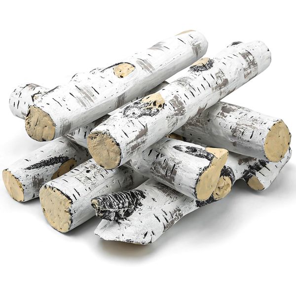 Fake Gas Fireplace Logs, 7pcs Faux Ceramic White Birch Wood Firepit Gas Logs