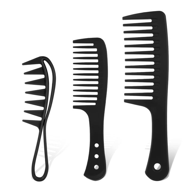 3Pcs Wide Tooth Comb, Large Tooth Combs Wide Tooth Curl Comb Shark Teeth Hair Hairstyle Tool for Curly Wet Wavy Thick Hair Wigs Barber Salon, Women Men (Black)