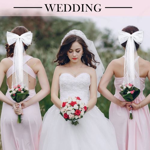Juinte Bridal Hair Bow Veil Bachelorette Party Pearl Hair Clip Wedding Veil Bride Hair Accessories Bridesmaid Favors Large Hair Bow with Barrette Bachelorette Party Decorations(White,Pearl Bow)
