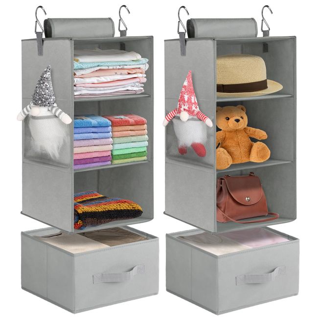 punemi 3-Shelf Hanging Closet Organizer, 2 Pack Closet Hanging Organizer with Drawers, Foldable Hanging Closet Shelves for Rv, Camper, Locker, 22.8" D x 11" W x 11" H, Grey