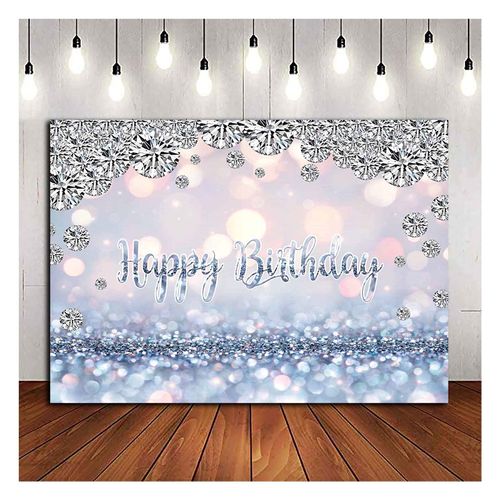Silver and White Blue Bokeh Shiny Happy Birthday Party Photography Background Shining Diamonds Backdrops for Women Girls Kids Party Cake Table Decoration Banner 7x5ft