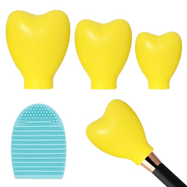 3 Pieces Makeup Brush Cover, Silicone Makeup Brush Cover Heart-Shaped Makeup Brush Protector Covers with 1 Piece Makeup Brush Cleaner for Travel and Outing (Yellow & Blue)