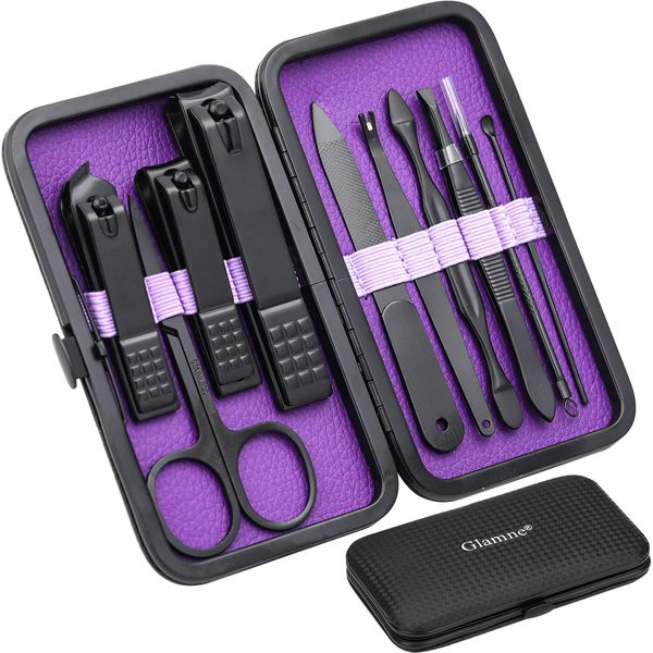 Glamne Set manicure Kit tagliaunghie Strumenti professionali per la cura delle unghie in acciaio inossidabile con custodia da viaggio in pelle 10 in 1 Viola