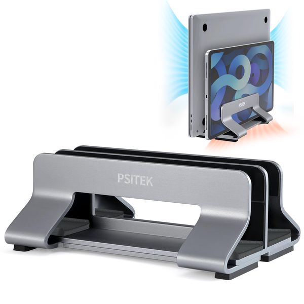 Psitek Aluminum Dual Vertical Laptop Stand Dock Holder,Adjustable 2 Slots Width 10~30mm(0.4~1.2 inch), Fits All MacBook and Laptop, Version 2023