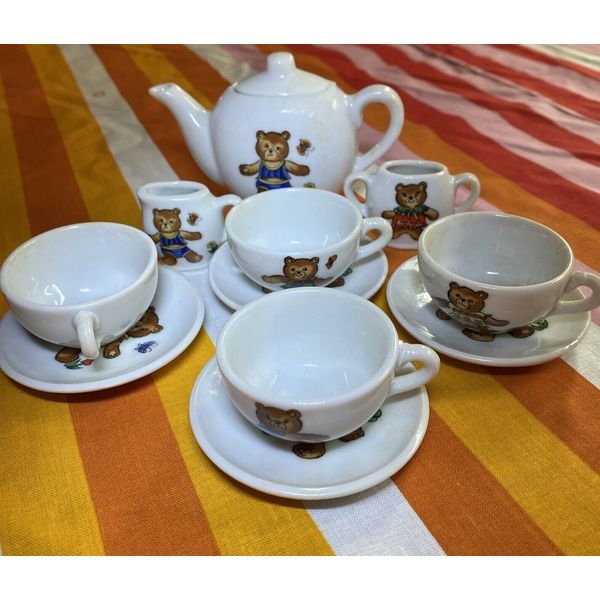 Miniature Tea Set Teapot Japan Plates Teddy Bear Vintage Childrens Dishes 11 Pcs