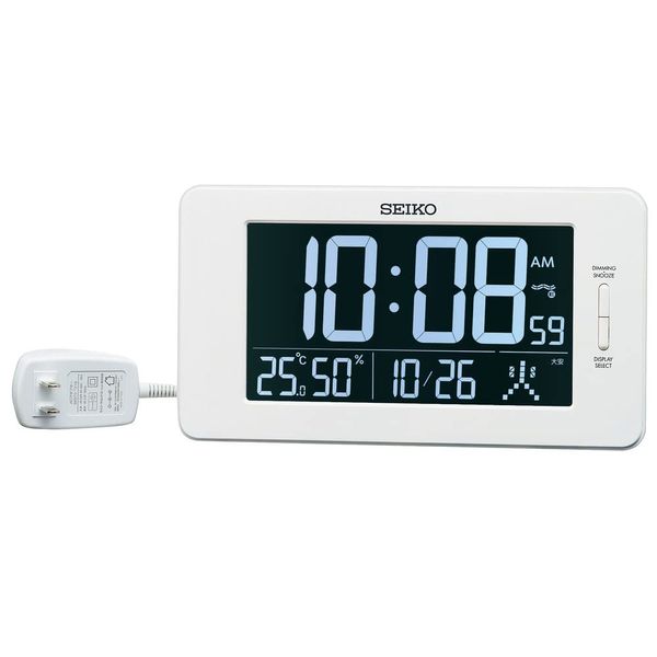 Seiko DL216W Clock Table Clock, Alarm Clock, Radio Waves, Digital, AC Type, 3 Mode Display, Temperature and Humidity Display, White, Product Size: 5.0 x 9.1 x 0.9 inches (12.6 x 23 x 2.3 cm)