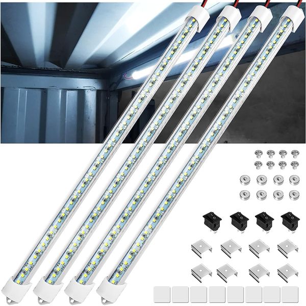 Linkstyle Interior LED Light Bar, 12V 48 LEDs Interior Light Bar 6500K White LED Light Strip with DIY Switch for Car Truck Camper Van RV Cargo Boat Lorry Cabinet Enclosed Trailer Lights Fixture 4 PCS