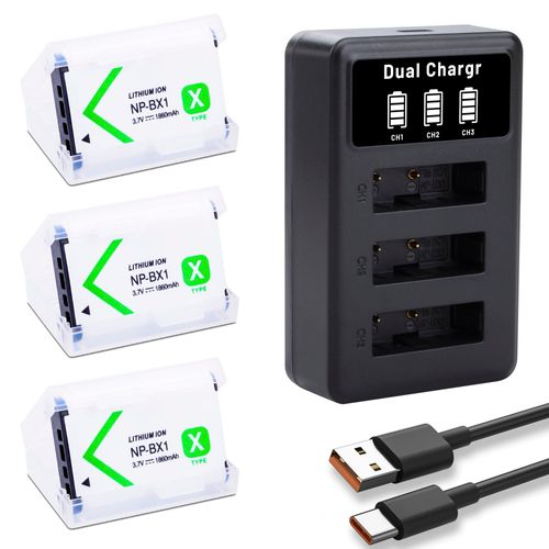 NP-BX1 Battery 3-Pack and 3-Channel Charger Compatible for Sony NP-BX1/M8, ZV-1, ZV-1 II, Cyber-Shot DSC-HX80, HX90V, HX95, HX99, HX350, RX1, RX1R II, RX100 (II/III/IV/V/VA/VI/VII) FDR-X3000 HDR-AS50