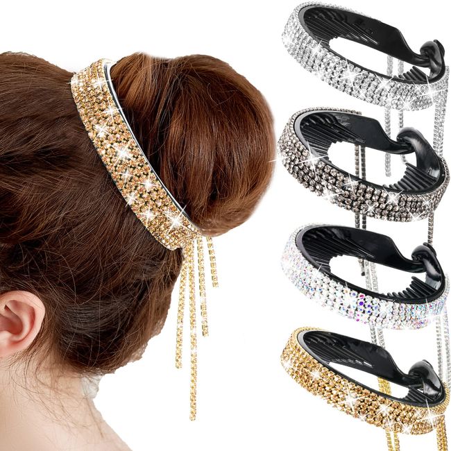 4 Pack Hair Styling Clips Hair Bun Accessories Hair Clips Rhinestone Bun Cover Rhinestone Hair Clips Glitter Claw Hair Clips for Buns Birds Nest Hair Clip Ponytail Holder Hair Accessories for Women