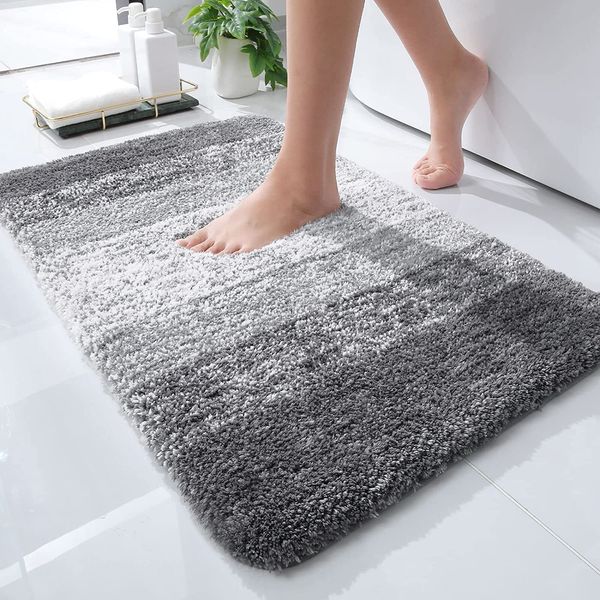 smiry Microfiber Bath Mat, 50 x 75 cm, Non-Slip Super Absorbent Bathroom Mat, Machine Washable Fluffy Shaggy Bath Mats Rugs for Bathroom, Extra Soft Thick Bathroom Floor Foot Mat, Grey