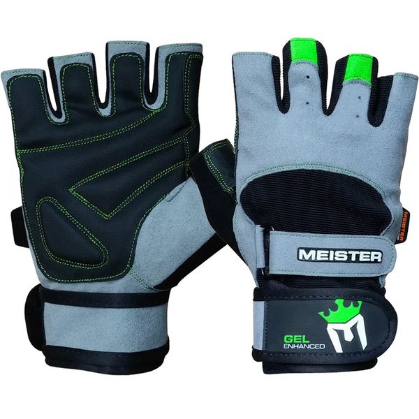 Meister Wrist Wrap Weight Lifting Gloves w/Gel Padding - Gray/Neon Green - X-Large