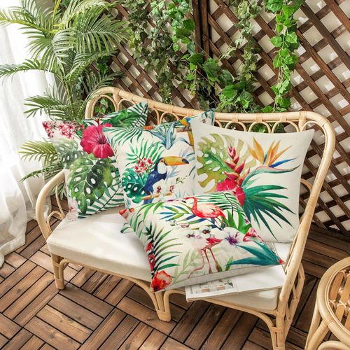 Weldomcor Waterproof Cushion Cover Set of 4, 45x45 cm Tropical Plant Pattern Outdoor Throw Cushion Cover Bohemian Decorative Pillow Cases for Garden Patio Porch Bench Sofa Indoor Living Room Chair