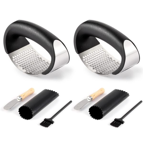 2 Pack Garlic Press Rocker Stainless Steel Garlic Mincer With 2 Peelers 2 Scrape