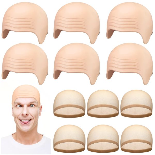 Chunyin 12 Pieces Halloween Bald Caps Set Includes 6 PiecesChunyin Latex Bald Cap and 6 Pieces Wig Scull Cap for Women Men Adults Kids Teens Halloween April Fools Decorations Party Supplies