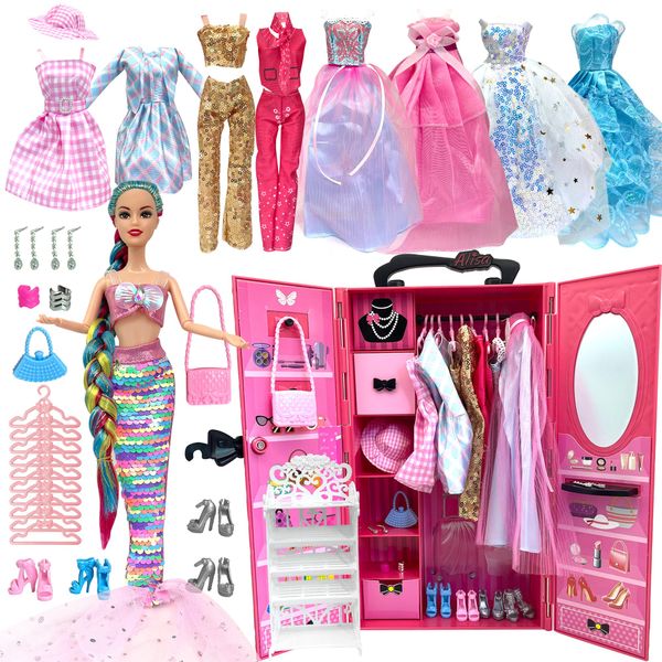 11.5 Inch Doll Clothing, Closet Playset with Outfits and Accessories, Mermaid Toys Princess, Movie Looks Clothes and Wedding Dresses, Hat, Bags, Dolls Gifts for Girls Age 6-12