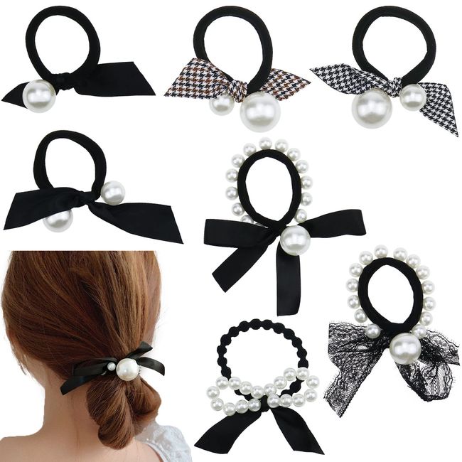 7 x schwarze elastische Haargummis für Pferdeschwanz-Halter, Perlen-Gummiband, Haarbänder, Haar-Accessoires, Scrunchie-Seile für Frauen und Mädchen