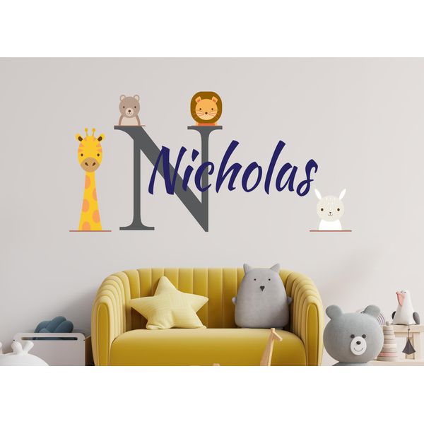 Custom Name Jungle Animal Wall Decal - Baby Custom Name Wall Decal - Animal Name Wall Sticker - Custom Animal Wall Art Decal - Wall Decal for Nursery Decoration (Wide 50"x21" Height)