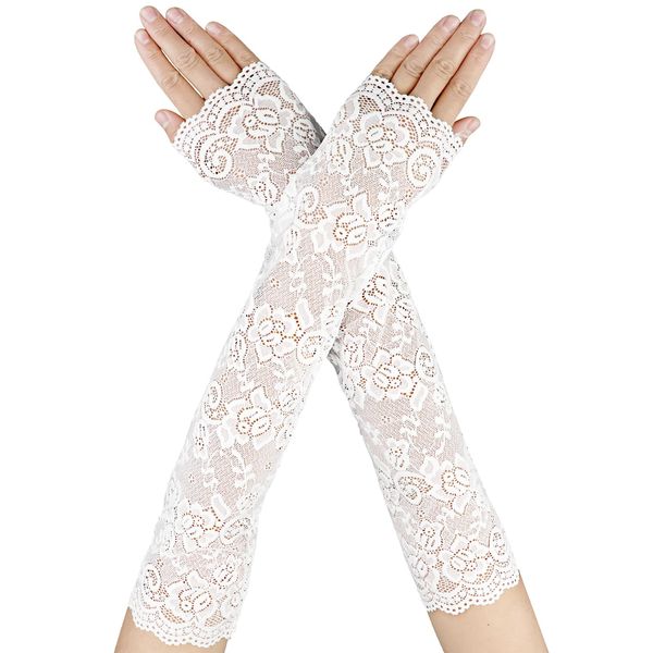 Telooco Women's Long Lace Fingerless Gloves Elbow Length Lace Gloves Long Lace Floral Gloves 1980 Costume Accessories (White)