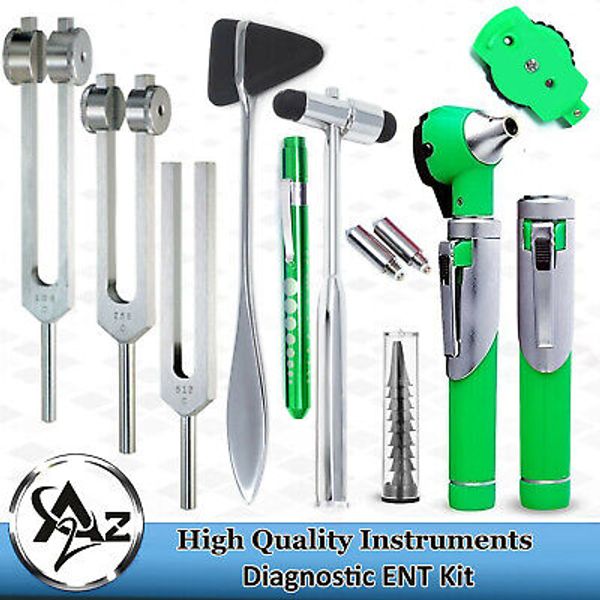 LatestENT Diagnostic Kit LED FiberOptic Otoscope Tuning Fork Reflex Hammer-Green