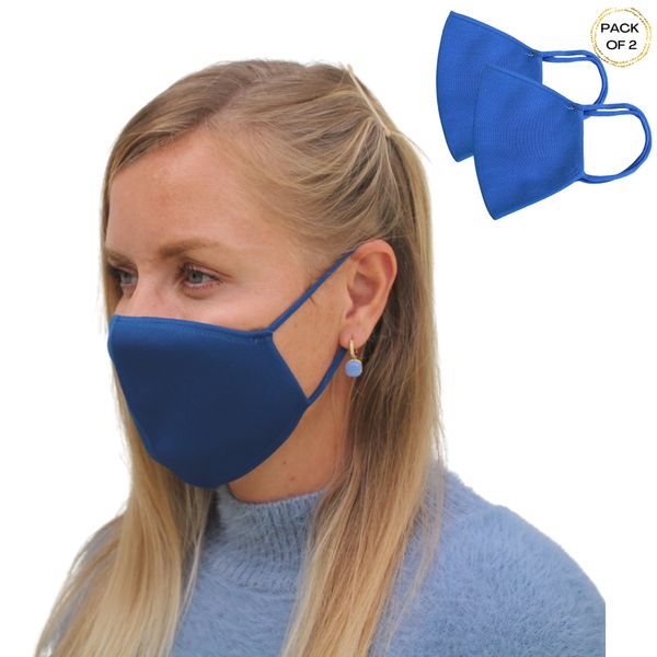 Pack of 2 solid knitted Face Mask two layers reusable washable bandanas Blue