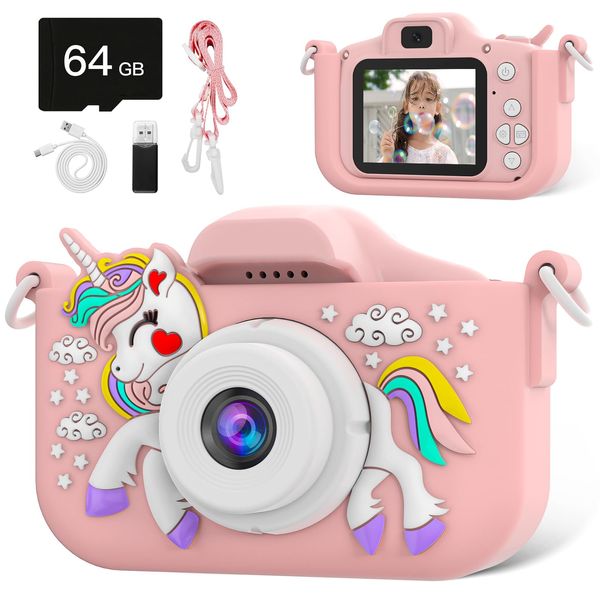 Kids Camera for Girls, Kids Digital Camera with 64GB Card, 1080P HD Kids Video Camera for Kids Birthday Christmas Toy Gifts Selfie Childrens Camera for Toddler Age 3-12 Years Old