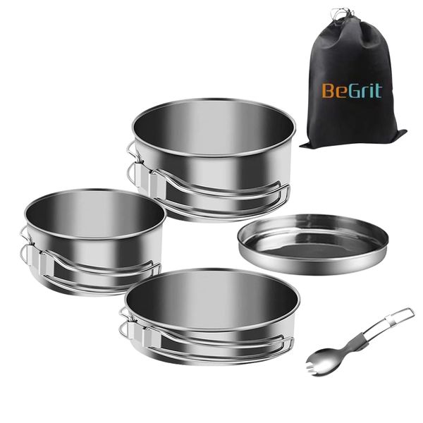 BeGrit Camping Pans 4 Pcs Hiking Cookware Collapsible Cooking Pot Set Stackable Outdoor Saucepans Stainless Steel Cooking Utensils with Frying Pan & Pot for Outdoor Camping Hiking Picnic