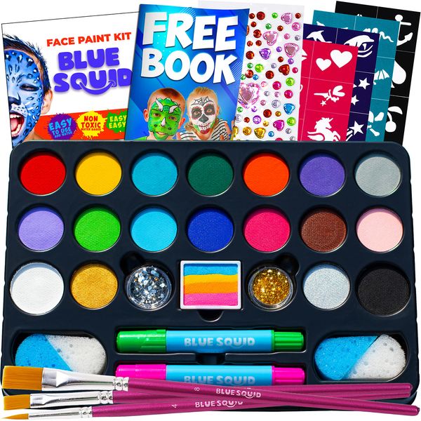 Blue Squid Face Painting Kit for Kids - 22 Colors 160pc Kids Face Paint Kit with Stencils & Book, Halloween Makeup Kit, Professional Face Paint Kids Face Painting Kit Non Toxic Face Paint Kit for Kids