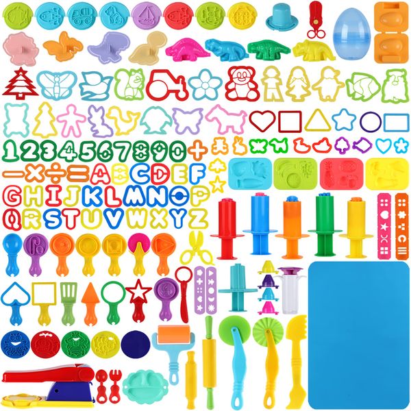 Oun Nana 144 PCS Playdough Tools Set for Kids, Playdough Accessories Various Shape Molds, Animal, Dinosaur, Stamps, Letters, Numbers, Extruder, Scissors, Cutters, Rollers, Dough Mat with Storage Bag